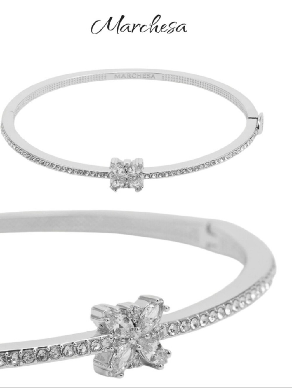 Marchesa Silver Tone Cubic Zirconia Crystal Flower Hinged Bangle Bracelet NWT
